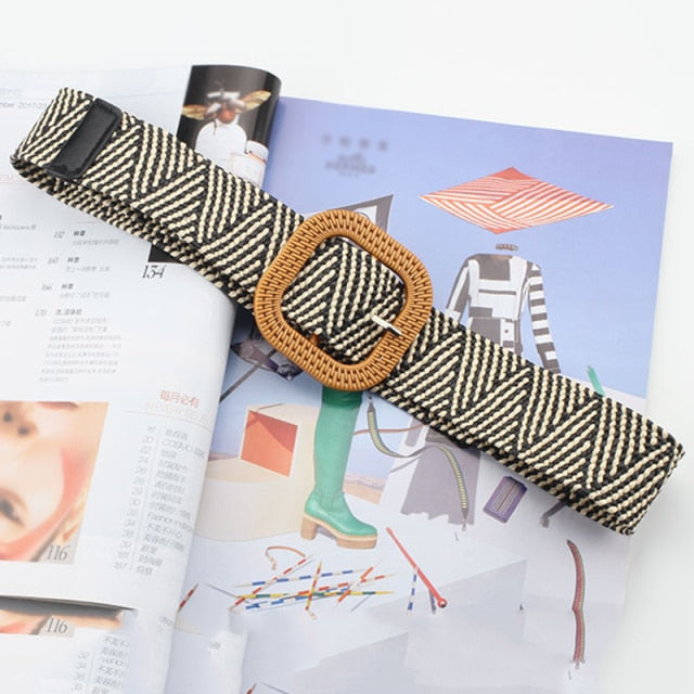 Vintage Bohemian Wide Belt Summer Wooden Buckle Wild Braided Belt Female Leopard Buckle Linen Weave Women Fake Straw Waist Belt