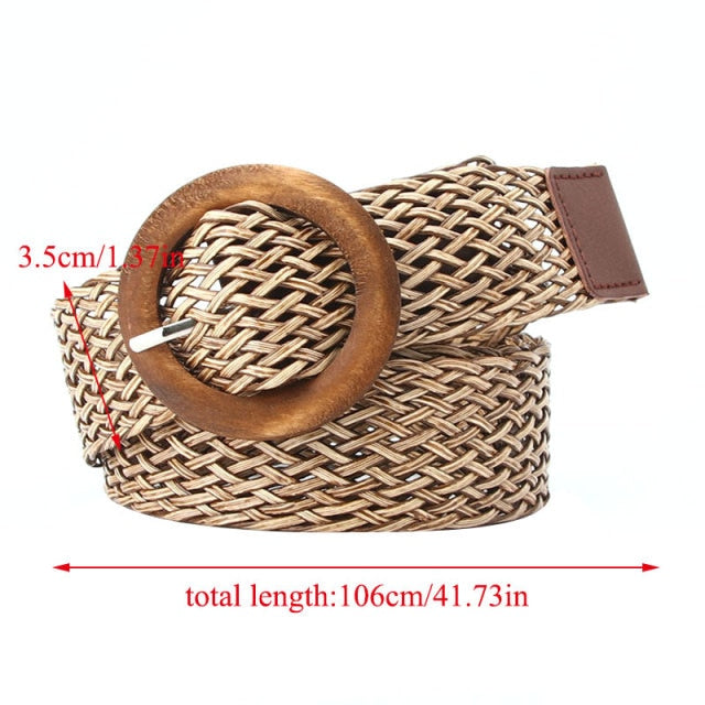 Vintage Bohemian Wide Belt Summer Wooden Buckle Wild Braided Belt Female Leopard Buckle Linen Weave Women Fake Straw Waist Belt