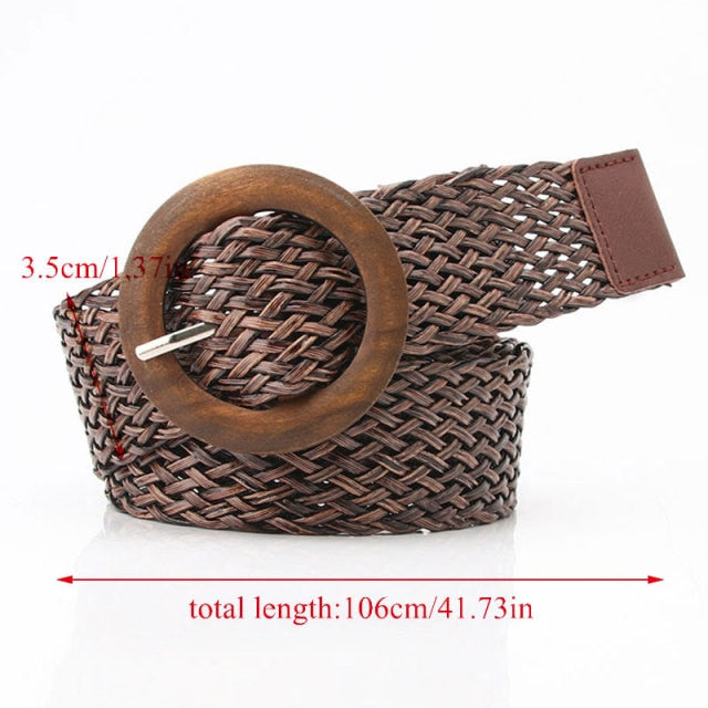 Vintage Bohemian Wide Belt Summer Wooden Buckle Wild Braided Belt Female Leopard Buckle Linen Weave Women Fake Straw Waist Belt