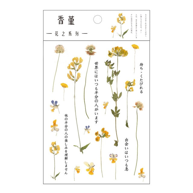 Journamm 12 Designs Natural Daisy Clover Japanese Words Stickers Transparent PET Material Flowers Leaves Plants Deco Stickers