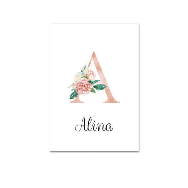Custom Personalized Name Poster Floral Letter Art Canvas Print Baby Nursery Wall Picture Painting Kids Girl Bedroom Decoration