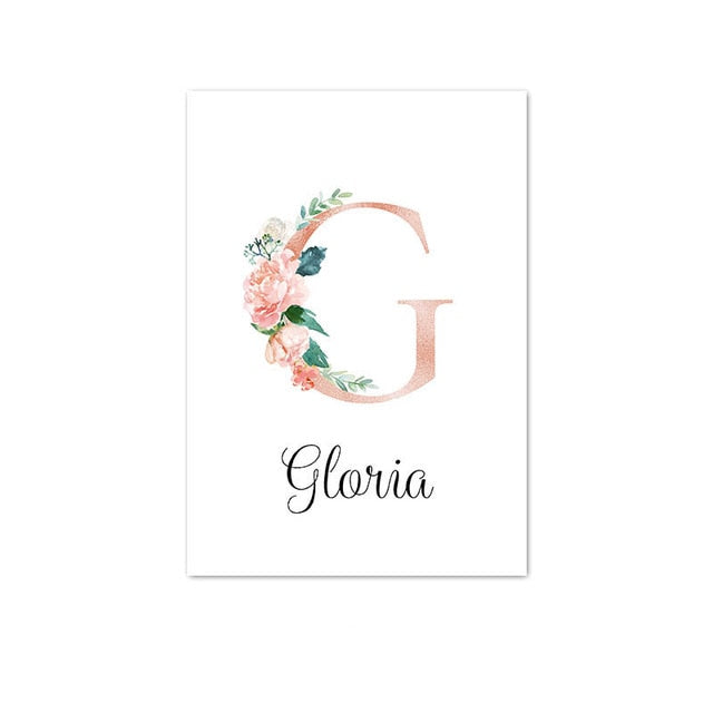Custom Personalized Name Poster Floral Letter Art Canvas Print Baby Nursery Wall Picture Painting Kids Girl Bedroom Decoration