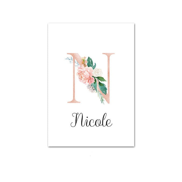 Custom Personalized Name Poster Floral Letter Art Canvas Print Baby Nursery Wall Picture Painting Kids Girl Bedroom Decoration