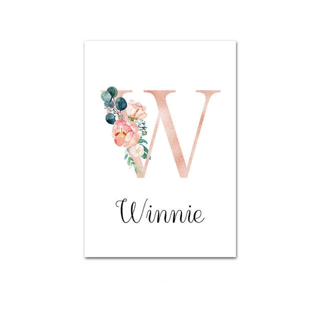 Custom Personalized Name Poster Floral Letter Art Canvas Print Baby Nursery Wall Picture Painting Kids Girl Bedroom Decoration