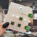 Women Hair Clips Set Jewelry Fashion Green Crystal Hair Accessories Luxury Simulation Pearl Barrette Pin For Girl Gift Ornaments