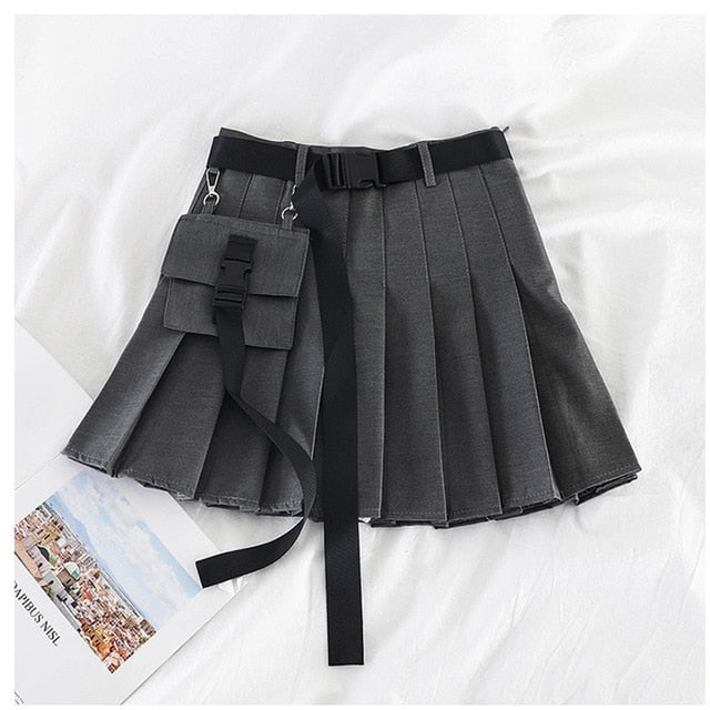 Womens Streetwear Tooling Half-length Pleated Skirt Safari Black Short Skirt Fashion High Waist Harajuku Women Skirts