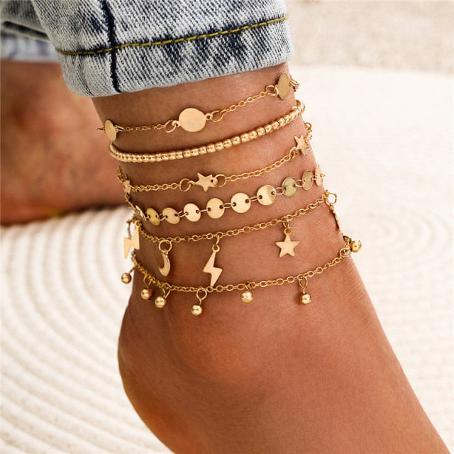 Bohemia Multilayer Beads Anklet Set Fashion Sequins Star Ankle Bracelets for Women Summer Beach Foot Jewelry Leg Chain Anklets