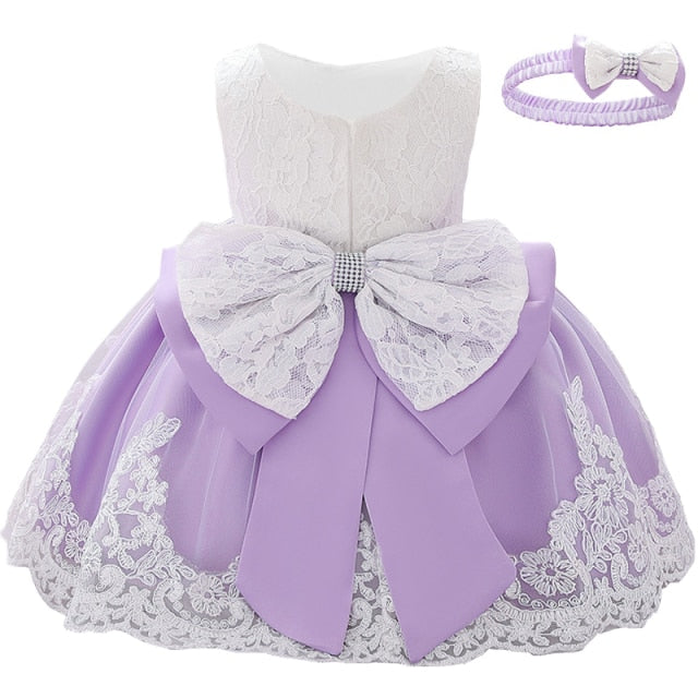 Newborn Long Sleeve Baby Girl Dresses Party Wedding Girl Lace Big Bow Dresses Infant Girl 1st Birthday Princess Baptism Dress