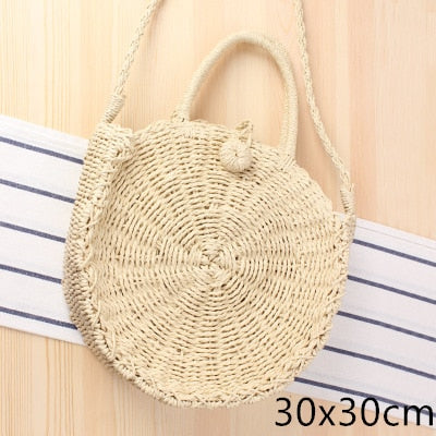 Round Straw Beach Bag Vintage Handmade Woven Shoulder Bag Raffia circle Rattan bags Bohemian Summer Vacation Casual Bags