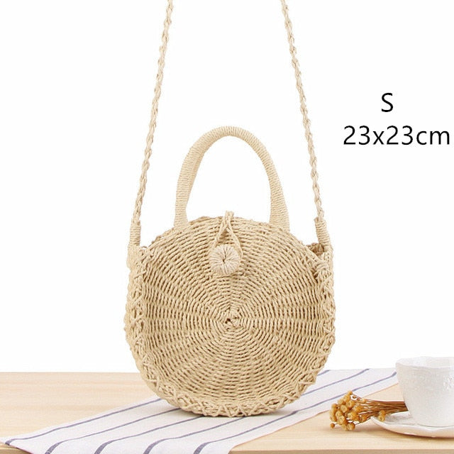 Round Straw Beach Bag Vintage Handmade Woven Shoulder Bag Raffia circle Rattan bags Bohemian Summer Vacation Casual Bags