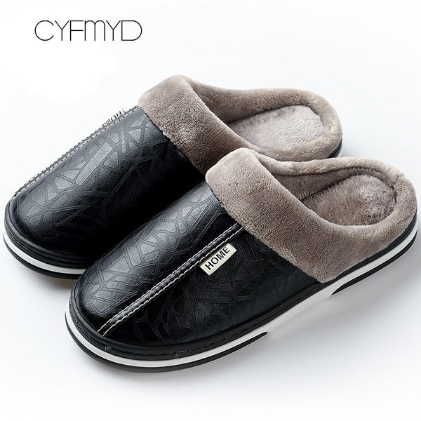 Men's slippers Home Winter Indoor Warm Shoes Thick Bottom Plush  Waterproof Leather House slippers man Cotton shoes 2021 New