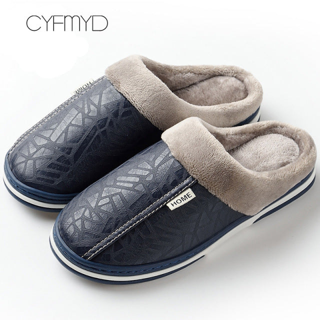 Men's slippers Home Winter Indoor Warm Shoes Thick Bottom Plush  Waterproof Leather House slippers man Cotton shoes 2021 New