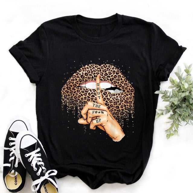 ZOGANKIN Cool Streetwear Female Black T-shirt Rainbow Lip and Butterfly Print Harajuku  Women Summer Cotton T Shirt Femme Tops