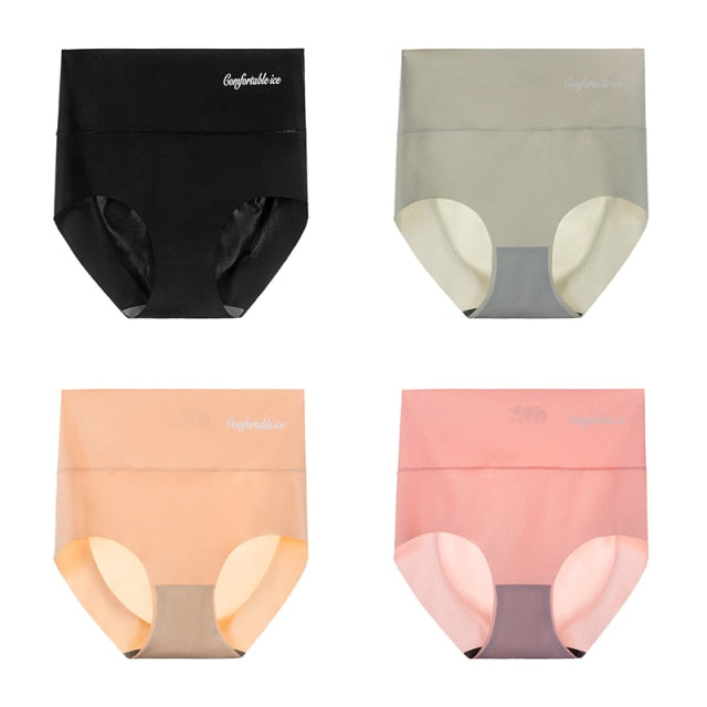 4pcs/lot Sexy Women Panties Ice Silk Briefs Seamless Underwear High Waist Pants Comfort Lingerie Female Underpants Thongs