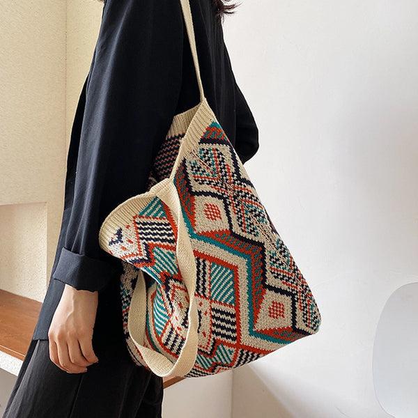 Lady Knitting Gypsy Bohemian Boho Chic Aztec Tote Bag Women Crochet Woolen Open Shopper Top-handle Bag 2020 Female Daily Handbag