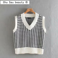 Chu Sau beauty 2020 New Loose Oversized Knitted Sweater Vest Women Casual V-neck Plaid Sleeveless Sweaters Women Chic Tops