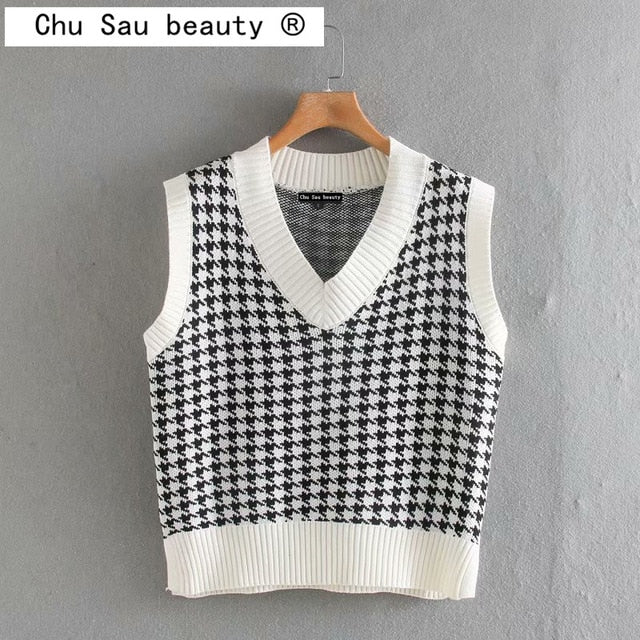 Chu Sau beauty 2020 New Loose Oversized Knitted Sweater Vest Women Casual V-neck Plaid Sleeveless Sweaters Women Chic Tops