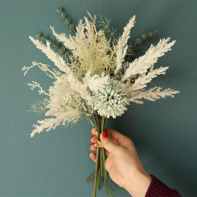 European Artificial flowers Bouquet for Home Party Decoration Wedding Bouquet Flowers 38cm Bulrush Silk Hydrangea Fake Flowers