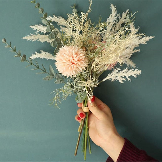 European Artificial flowers Bouquet for Home Party Decoration Wedding Bouquet Flowers 38cm Bulrush Silk Hydrangea Fake Flowers
