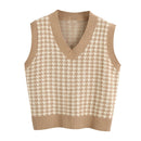 KPYTOMOA Women 2020 Fashion Houndstooth Loose Knitted Vest Sweater V Neck Sleeveless Side Vents Female Waistcoat Chic Tops