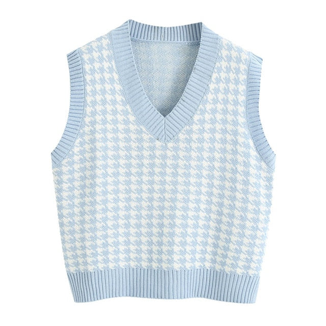 KPYTOMOA Women 2020 Fashion Houndstooth Loose Knitted Vest Sweater V Neck Sleeveless Side Vents Female Waistcoat Chic Tops