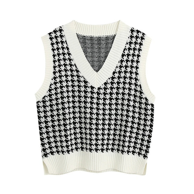KPYTOMOA Women 2020 Fashion Houndstooth Loose Knitted Vest Sweater V Neck Sleeveless Side Vents Female Waistcoat Chic Tops