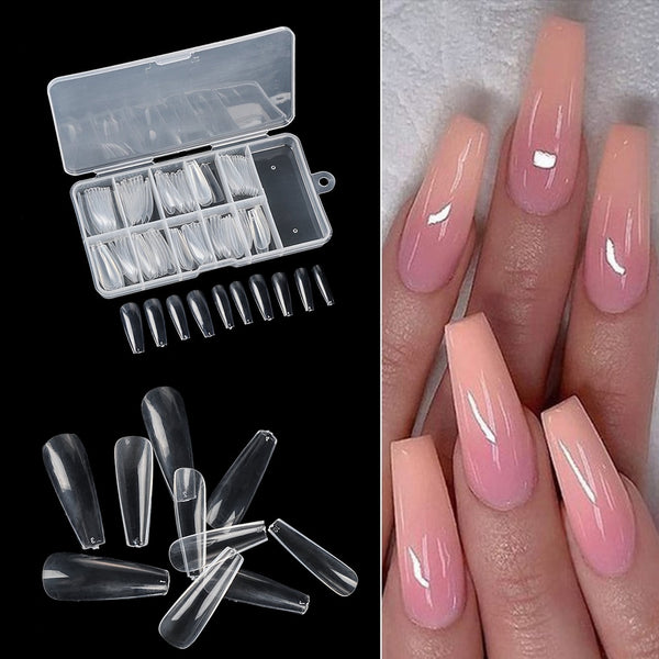 100pcs/box Full Cover Fake Nail Artificial Press on Long Ballerina Clear/Natural/white False Coffin Nails Art Tips Manicure Tool