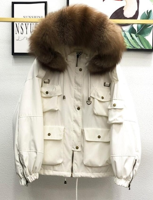 Large Natural Raccoon Fur Women Down Coat Winter Thick 90% White Duck Down Parka Female Hooded Short Jacket Loose Down Outerwear