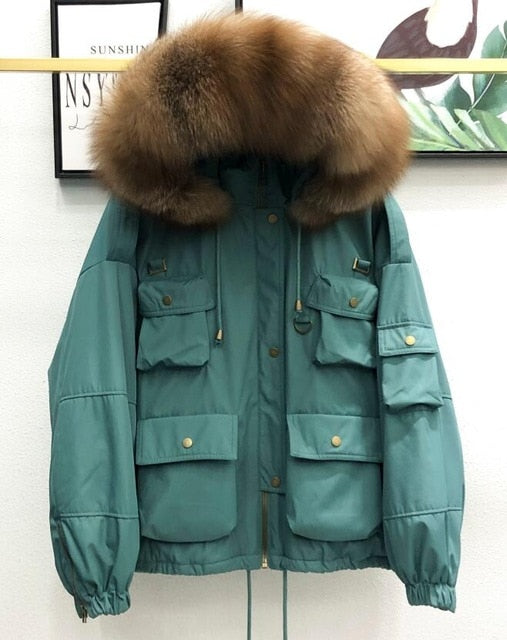 Large Natural Raccoon Fur Women Down Coat Winter Thick 90% White Duck Down Parka Female Hooded Short Jacket Loose Down Outerwear