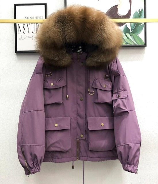 Large Natural Raccoon Fur Women Down Coat Winter Thick 90% White Duck Down Parka Female Hooded Short Jacket Loose Down Outerwear