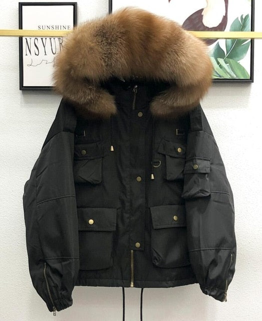 Large Natural Raccoon Fur Women Down Coat Winter Thick 90% White Duck Down Parka Female Hooded Short Jacket Loose Down Outerwear