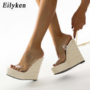 Eilyken Summer PVC Transparent Peep Toe Cane Straw Weave Platform Wedges Slippers Sandals Women Fashion High Heels Female Shoes