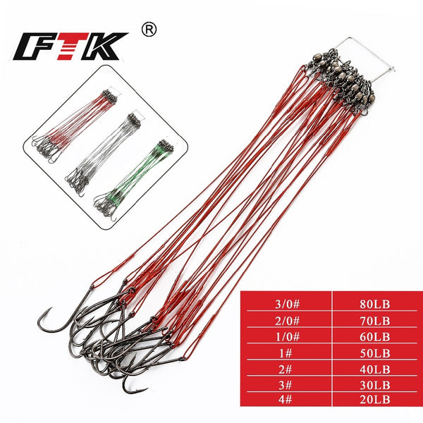 FTK 20pcs/lot 3 Colors 20LB-80LB Anti Bite Steel Fishing Line Steel Wire Leader With Swivel Fishing Accessory