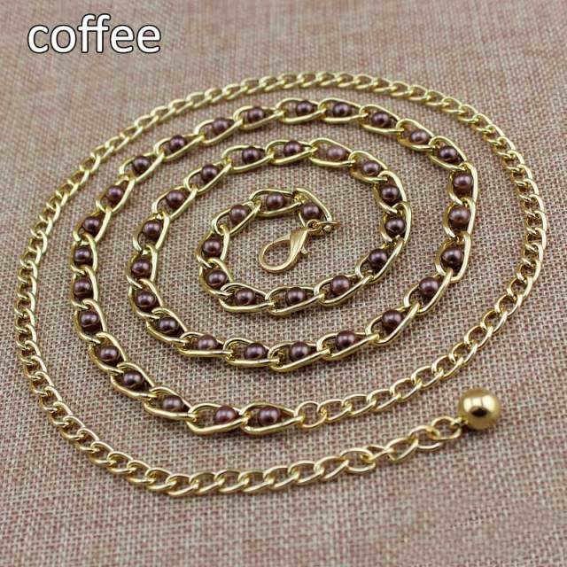 Fashion Elegant Ladies Metal Adjustable Thin Ladies Waist Chain Women Strap Dress Belt Pearl Decorative Clothess Accessories