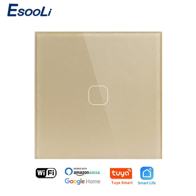 EsooLi Tuya Smart Life Glass Panel EU/UK Standard Touch Switch Zero/Single Fire Line Voice Control Light Wireless Wall Switch
