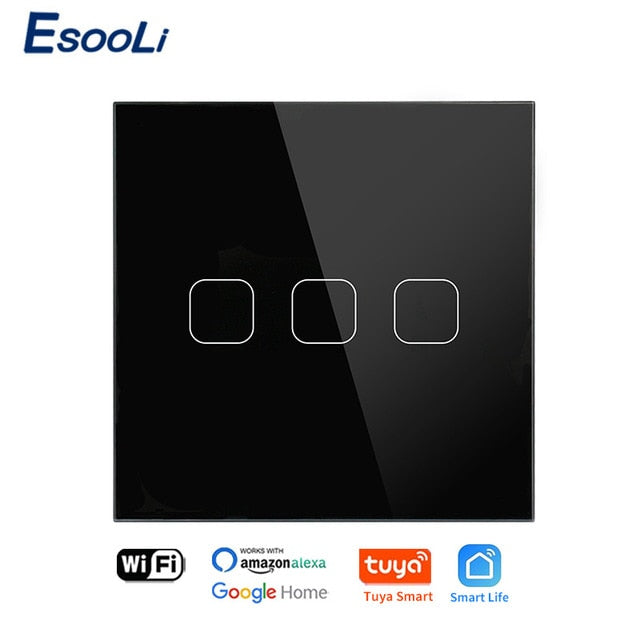 EsooLi Tuya Smart Life Glass Panel EU/UK Standard Touch Switch Zero/Single Fire Line Voice Control Light Wireless Wall Switch