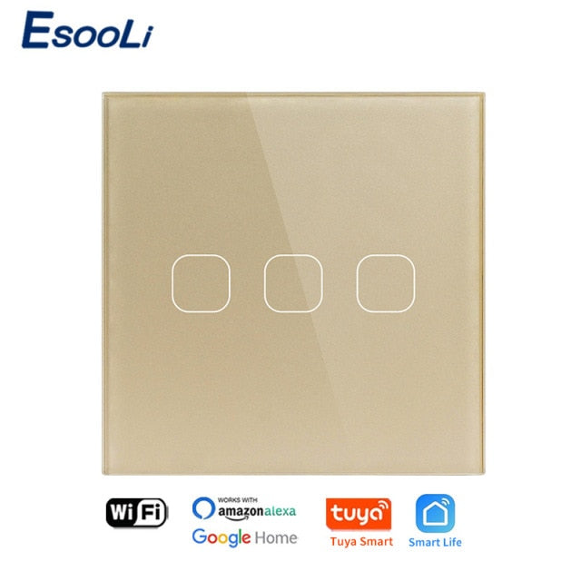 EsooLi Tuya Smart Life Glass Panel EU/UK Standard Touch Switch Zero/Single Fire Line Voice Control Light Wireless Wall Switch