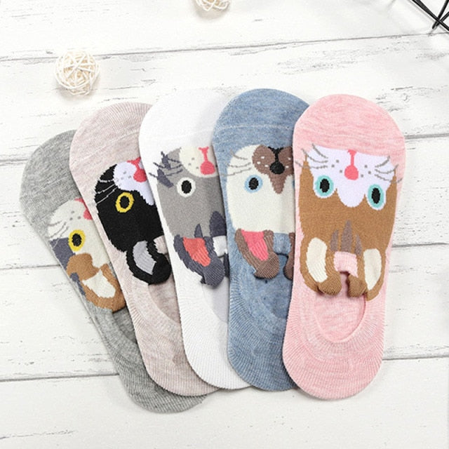 5 Pairs Lot Cotton Women Socks Female Casual Boat 3D Pack Cartoon Harajuku Unicron Cat Cute Invisiable Funny Girl Ankle Sock Set