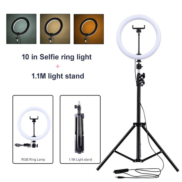 PYNSSEU 26cm LED Ring Light with 1.1/1.6/2.0M Light Ring Stand Dimmable 10" Selfie Ring Lamp with Phone Clip for Youtube Makeup