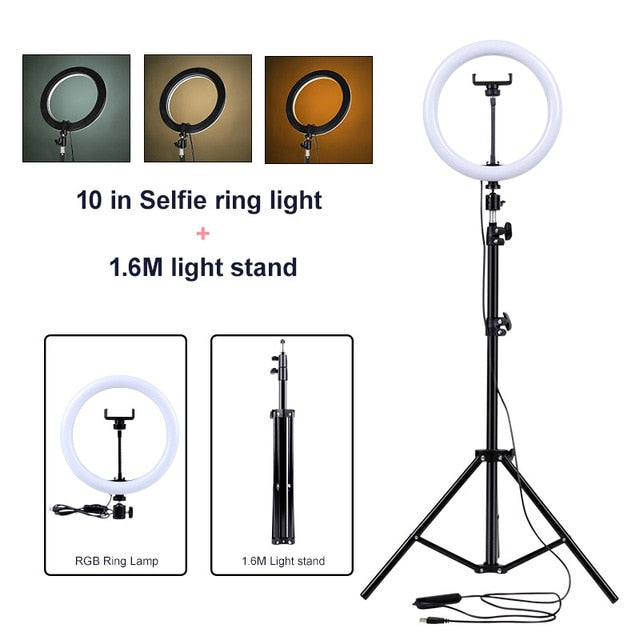 PYNSSEU 26cm LED Ring Light with 1.1/1.6/2.0M Light Ring Stand Dimmable 10" Selfie Ring Lamp with Phone Clip for Youtube Makeup
