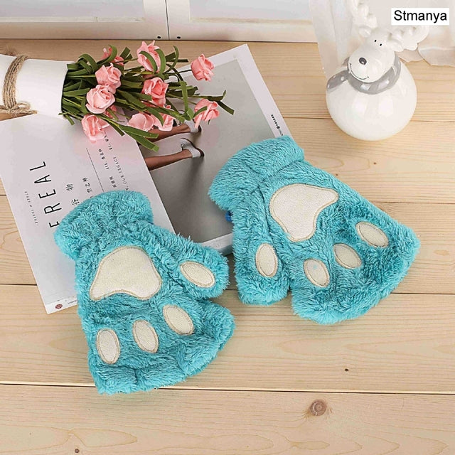 New Women Cute Cat Claw Paw Plush Mittens Warm Soft Plush Short Fingerless Fluffy Bear Cat Gloves Costume Half Finger Party Gift