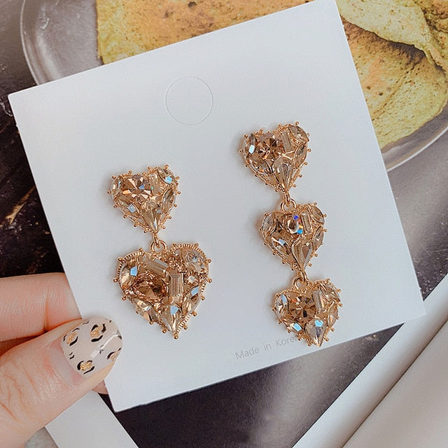 MENGJIQIAO New Korean Shiny Heart Crystal Drop Earrings For Women Fashion Shell Rhinestone Boucle D'oreille Party Jeweley Gift