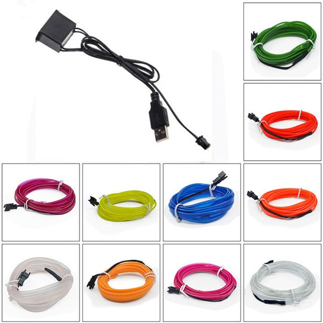 1M 3M 5M car EL Wire led strip Atmosphere light for DIY flexible AUTO interior Lamp Party decoration lights Neon strips 12V USB