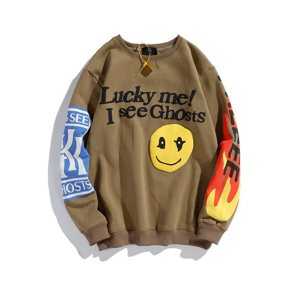 KANYE Smiley Flame Print Round Neck Sweatshirt Men and Women Plus Velvet Streetwear Stranger Things Hoodie Pullover Mens Hoodies