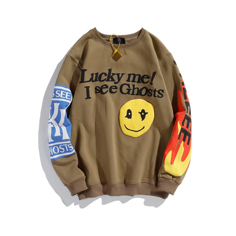 KANYE Smiley Flame Print Round Neck Sweatshirt Men and Women Plus Velvet Streetwear Stranger Things Hoodie Pullover Mens Hoodies