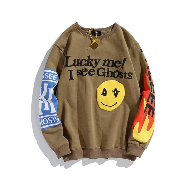 KANYE Smiley Flame Print Round Neck Sweatshirt Men and Women Plus Velvet Streetwear Stranger Things Hoodie Pullover Mens Hoodies