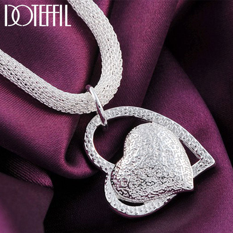 DOTEFFIL 925 Sterling Silver 18 Inch Double Heart Pendant AAA Zircon Necklace For Women Fashion Wedding Charm Jewelry