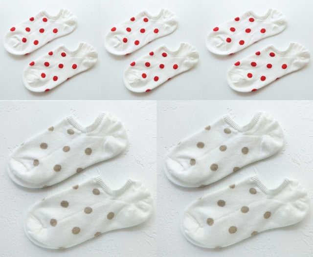 5Pais/Lot Women Socks Short Cotton Aesthetic Novelty Dot Sweet Boat Socks Chaussette Femme Skarpety Kobieta Ankle Sock Woman