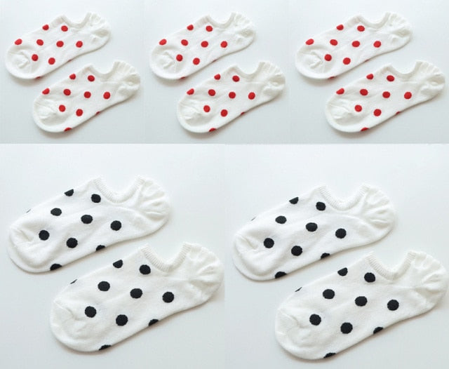 5Pais/Lot Women Socks Short Cotton Aesthetic Novelty Dot Sweet Boat Socks Chaussette Femme Skarpety Kobieta Ankle Sock Woman