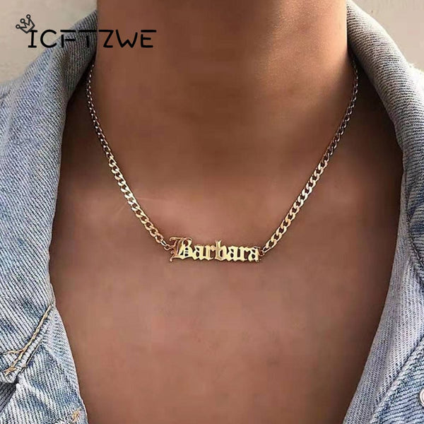 Custom Gothic Old English Nameplate Necklace For Women Stainless Steel Gold Chain Choker Necklaces Men Boho Pretty Jewelry Gift